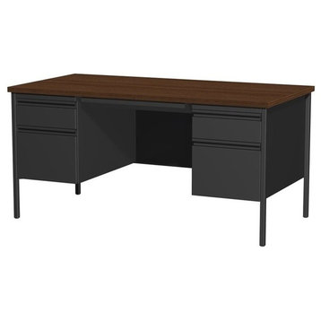 Hirsh Double Pedestal Metal Office Desk with Center Drawer Black/Walnut