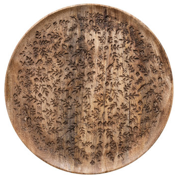 15.5 Inches Round Mango Wood Tray With Laser Etched Botanicals, Natural