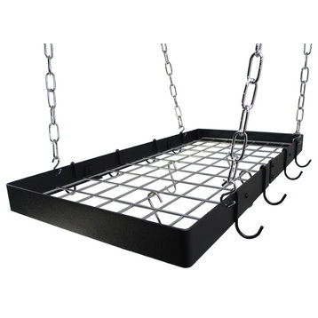 Hanging Rectangle Pot Rack With Grid, Black and Chrome