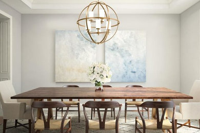 Example of a large dark wood floor and brown floor dining room design in Detroit with gray walls and no fireplace
