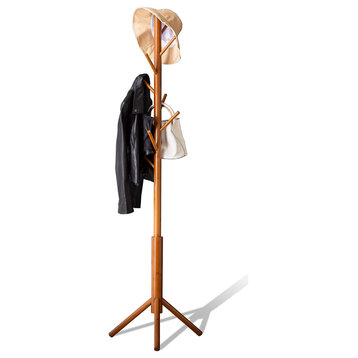 Bamboo Coat Rack Freestanding Stand Tree Adjustable Coat with 3 Sections 8 Hooks