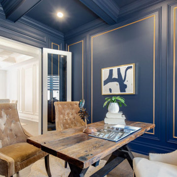Wainscoting, baseboards, crown moulding, waffle ceilings