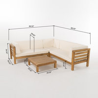 GDF Studio Oana Outdoor 5 Seater V Shaped Acacia Wood Sectional Sofa Set, Teak/Beige