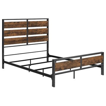 Queen Size Metal and Wood Plank Bed, Brown