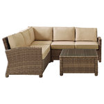 Crosley Brands - Bradenton 4Pc Outdoor Wicker Sectional Set Sand/Weathered Brown - Whether you are lounging solo or entertaining a group, the Bradenton 4pc Sectional Set fits the bill. The sturdy steel frame is wrapped in a beautiful all-weather wicker and topped with moisture-resistant cushions, making this sectional set both durable and stylish. The Bradenton sectional provides the utmost in flexibility and comfort with its modular design, gently arched arms and deep seating. Add in the included glass top coffee table and the Bradenton 4pc Sectional Set will make outdoor entertaining a breeze.
