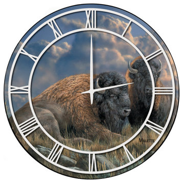 Wall Clock With Full Art, Distant Thunder Bison, White Numbers, 24"x24"