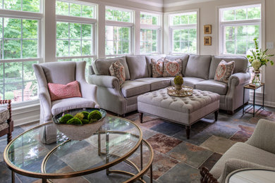 Inspiration for a mid-sized timeless slate floor sunroom remodel in Indianapolis with a standard fireplace and a stone fireplace