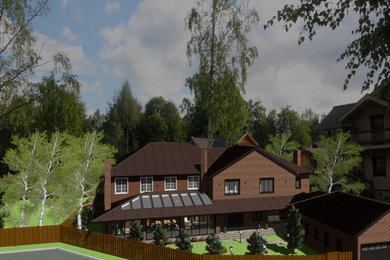 Пример оригинального дизайна: большой, двухэтажный, коричневый частный загородный дом в стиле рустика с двускатной крышей и комбинированной облицовкой