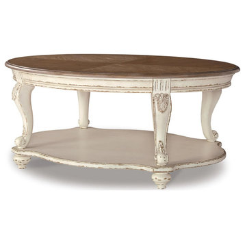 Classic Cottage Coffee Table, Carved Curved Legs With Lower Shelf, White/Brown
