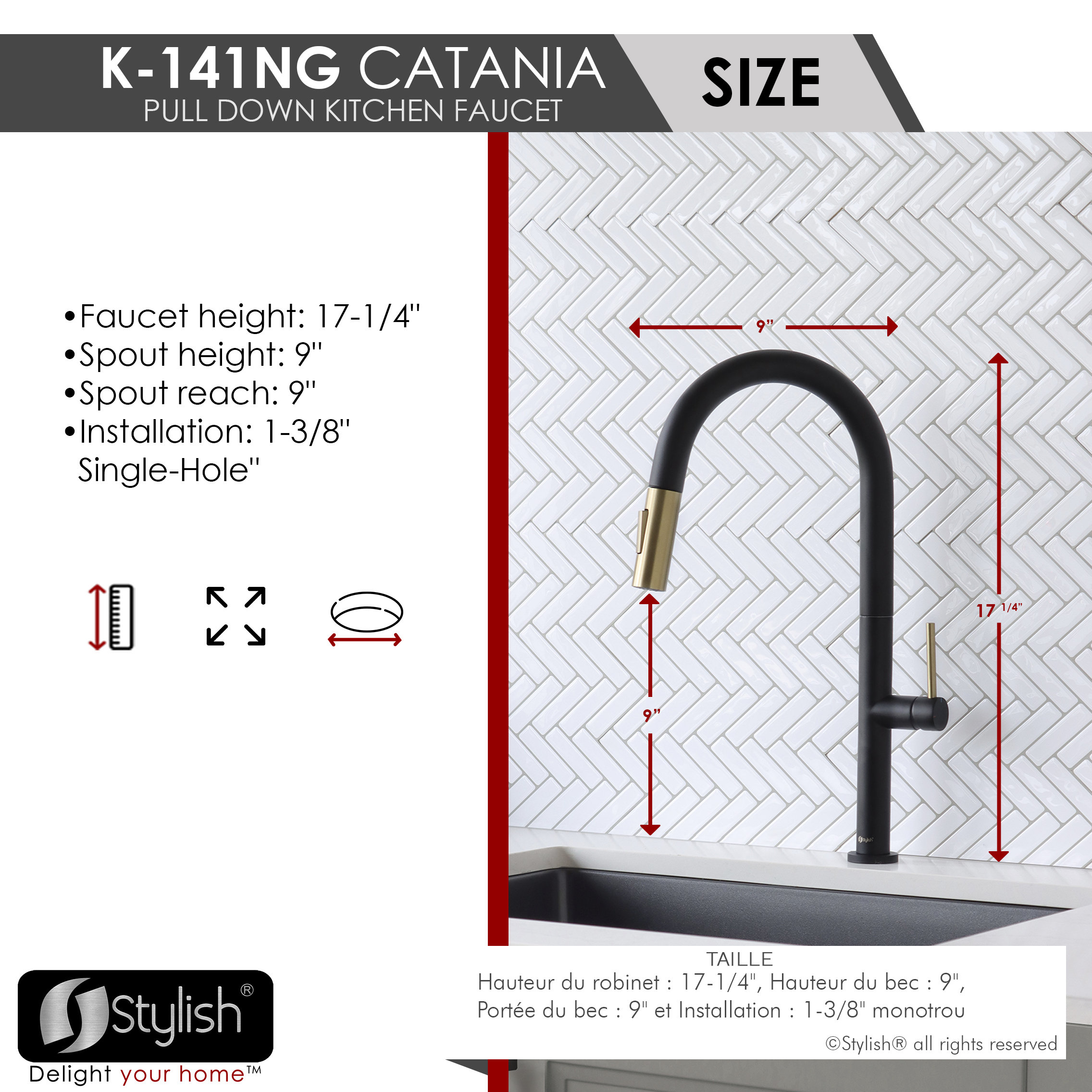 STYLISH Single Handle Pull Down Kitchen Faucet Dual Mode in Black-Brushed Gold