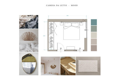 Idee per una camera matrimoniale tropicale di medie dimensioni con pareti beige, parquet chiaro e pavimento beige