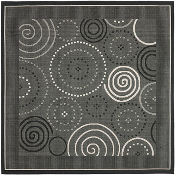 Courtyard Cy1906-3908 Polka Dots Outdoor Rug, Black/Sand, 7'10"x7'10" Square