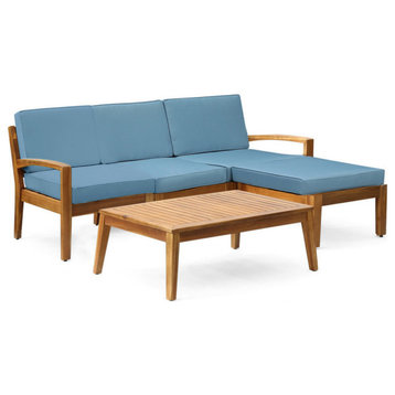 GDF Studio Grenada 3-Seater Acacia Sectional Set With Coffee Table and Ottoman, Teak Finish/Blue