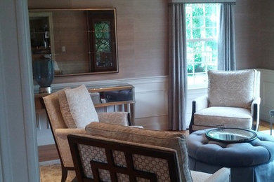 Example of a mid-sized transitional formal and enclosed medium tone wood floor and brown floor living room design in Boston with beige walls, no fireplace and no tv