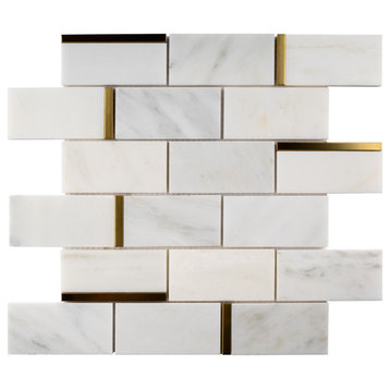 2x4 Subway Tile White and Gold Metal Stainless Steel Polished Marble Tile (10pcs