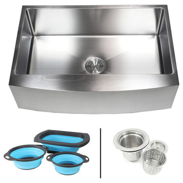 33" Apron Stainless Steel Curve Front Single Bowl Kitchen Sink With Colanders
