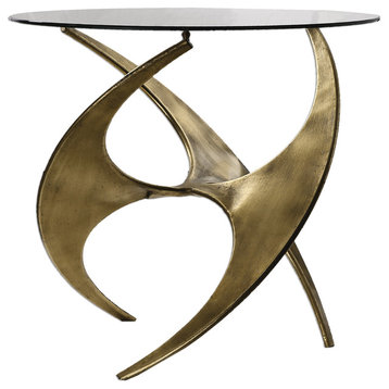 Abstract Sculpture Gold Metal Accent Table, Round Modern Art Industrial Entry