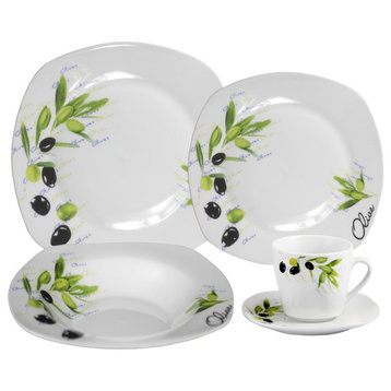 Porcelain 20 Piece Square Dinnerware Set Service for 4, Olive Branch Design