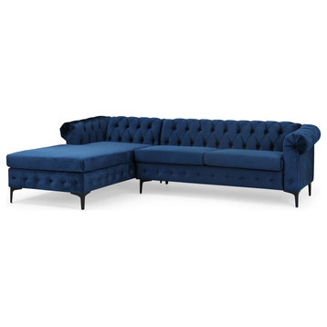 Chesterfield Sectional Sofa, Rolled Arms and Elegant Button Tufting, Midnight Blue