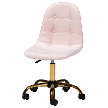 Kabira Blush Pink Velvet Fabric and Gold Metal Swivel Office chair
