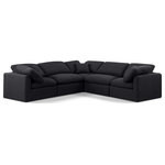 Meridian Furniture - Indulge Upholstered Modular L-Shaped Sectional, Black, 5-Piece: 2 Armless Chair, 3 Corner Chair, Down Stuffed Linen Textured Fabric - Experience ultimate comfort and style with our black linen textured fabric Indulge Sectional. The luxurious linen texture of the fabric will elevate the aesthetic of any room. This sofa provides ample space for you to relax while its modular build offers the option of unlimited configurations. Whether you're looking to add a stylish element to your living room or a comfortable seating option to your bedroom, this sofa is the perfect choice.