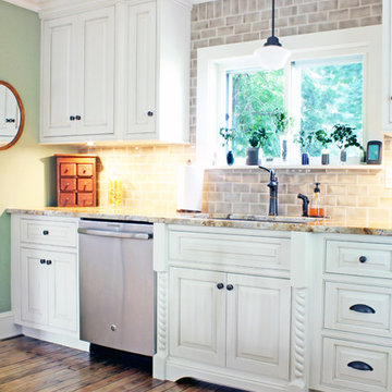 Transitional White & Brown Kitchen with Island