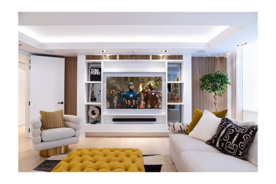 Large contemporary home cinema in London with a built-in media unit.