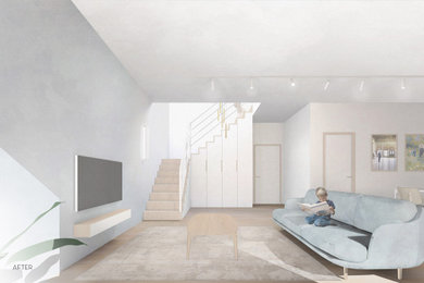 Example of a large trendy open concept light wood floor living room design in London