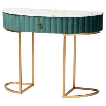 Camden Luxe and Glam Green Velvet Upholstered and Brushed Gold Console Table