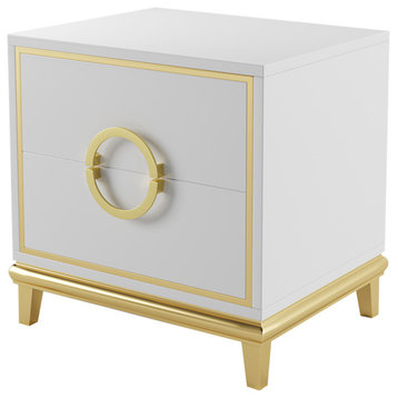 Modern Nightstand with 2 Drawers in Gold Finish Square Bedside Table, White