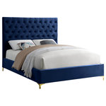 Meridian Furniture - Cruz Velvet Upholstered Bed, Navy, Full - Revamp your bedroom space with this sumptuously crafted Cruz full bed from Meridian furniture. The star of the show here is the headboardits tufted with deep button tufts that not only keep its thick padding in place and aloft, but also add a modern, textural look to your space. Sleek navy velvet upholstery feels luxuriously upscale to the touch, and the high headboard and the minimalist platform frame with metal feet add a timelessly contemporary silhouette to your space.
