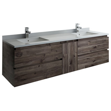 Formosa 72" Wall-Mounted Double Bathroom Vanity in Acacia Wood with Quartz Top