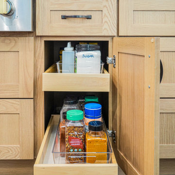 Modern Light Oak Shaker Kitchen with Waterfall Quartz Island P3| The Cabination