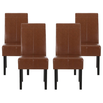 Set of 4 Dining Chair, Faux Leather Back With T-Shaped Stiching, Cognac/Espresso