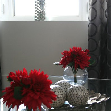 Grey / White / Red Contemporary Family Room