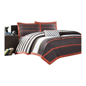 Twin Twin Xl Comforter Set In Dark Gray Orange White Stripes