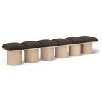 Meridian Furniture - Pavilion Black Boucle Fabric Bench, Brown, Natural Finish, 93" W X 18" D X 17.5" H - Bring valuable seating and remarkable style to your space with this Brown Pavilion boucle fabric bench, an exquisite balance of style and usability for the entryway, bedroom, and beyond. Crafted from oak veneer with a natural finish, this bench has a 4-inch-thick seat cushion that's channel-tufted for a touch of luxury. The bench's columnar bases add a dash of art deco design, making it a captivating focal point in any room.