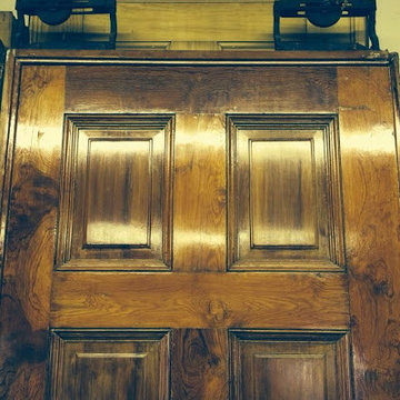 Restored farmhouse door with original antique pocket door sliders