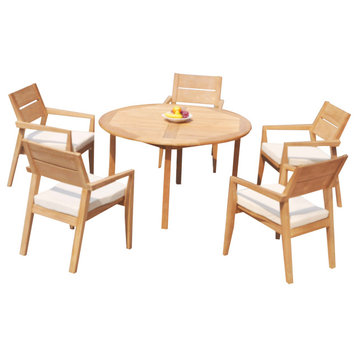 6-Piece Outdoor Teak Dining Set: 52" Round Table, 5 Cellore Stacking Arm Chairs