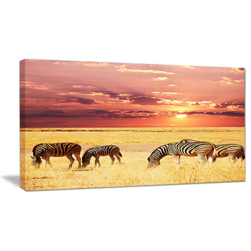 "Zebras Grazing Together At Sunset" Modern Landscape Wall Art Canvas, 32"x16"
