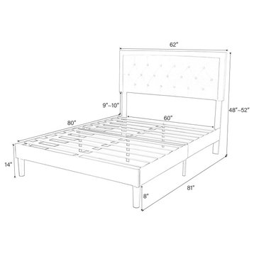 Queen Platform Bed Frame with Upholstered Headboard and Wood Slats