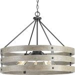 Progress Lighting - Gulliver 5-Light Pendant - Three circular bands wrap together to create an open design for Gulliver. Dual toned frame color combinations of Graphite with weathered gray accents. A hand painted wood grained texture complements Rustic and Modern Farmhouse home decor, as well as Urban Industrial and Coastal interior settings. Uses (5) 75-watt medium bulbs (not included).