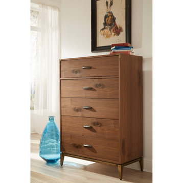 Midcentury Modern Vertical Dresser, 5 Drawers With Bronze Brass Hardware, Walnut