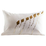 Samir Gold Pillow - A soft, cotton-linen pillow featuring hand-block-print, poetic kites in metallic gold foil. The natural pallete is soothing with a playful touch to any child's room. (Samir meaning: Early morning fragrance; Breeze; or Wind)