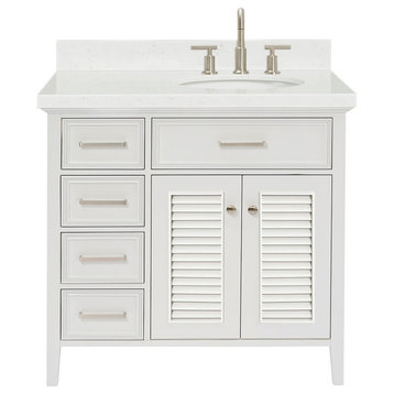 Ariel Kensington 36" Single Right Oval Sink Bathroom Vanity, Carrara Quartz, White