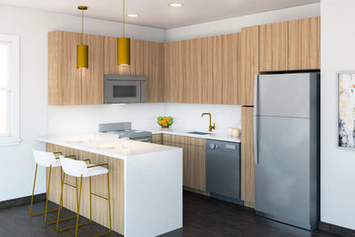 This is an example of a modern u-shaped eat-in kitchen in New York with an undermount sink, flat-panel cabinets, medium wood cabinets, quartz benchtops, white splashback, stone slab splashback, stainless steel appliances, dark hardwood floors, brown floor and white benchtop.