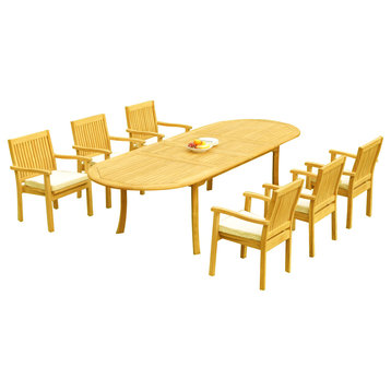7-Piece Outdoor Teak Dining Set: 117" Oval Table, 6 Leveb Stacking Arm Chairs