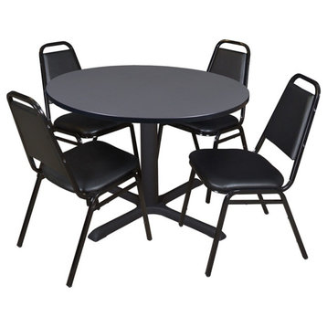 Cain 48" Round Breakroom Table, Gray and 4 Restaurant Stack Chairs, Black