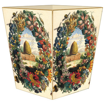 Floral Ring with Bees and Beehive Wooden Wastepaper Basket, Flat Top