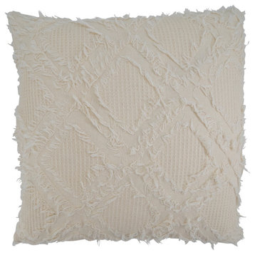 Waffle Weave Pillow Cover With Fringe Design, 18"x18"